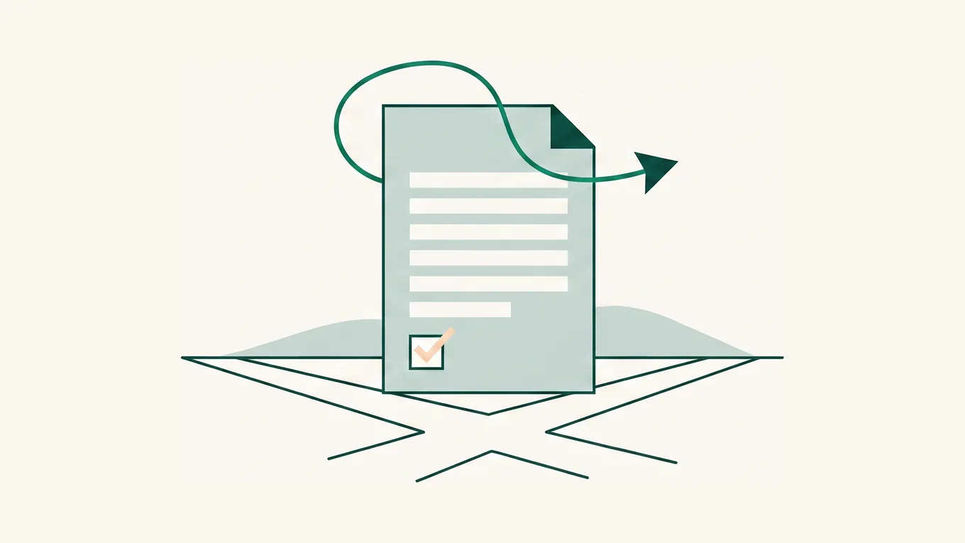 A sheet of paper ruled like a form, with a tick in a box at its foot and an arrow curving away.