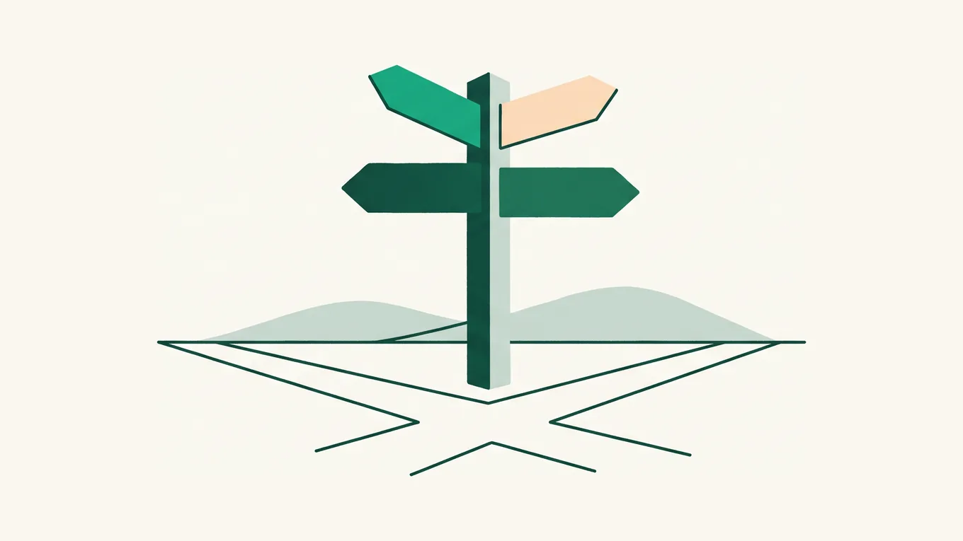 A signpost with four arrows pointing different ways, standing where three paths cross.